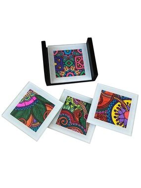 Green Tree Gallery 4 Glass Metal Coasters With Colorful Hand Painted Slip In